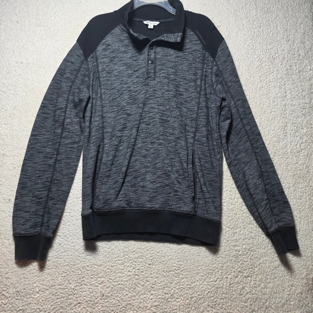 Calvin Klein Jeans Mens L Grey Black Marled Mock Neck Button Pullover Sweater